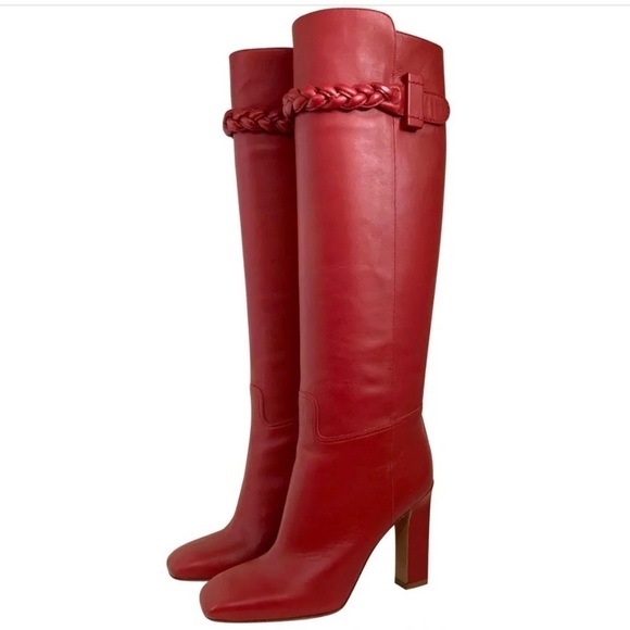 💕 Valentino Garavani Calfskin Knee Tall Boot Red Braided NWT Size 38 - Picture 1 of 14